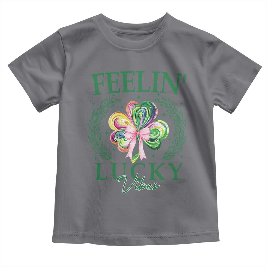 St. Patrick's Day Toddler T Shirt Feelin' Lucky Vibes Shamrock Coquette Bow