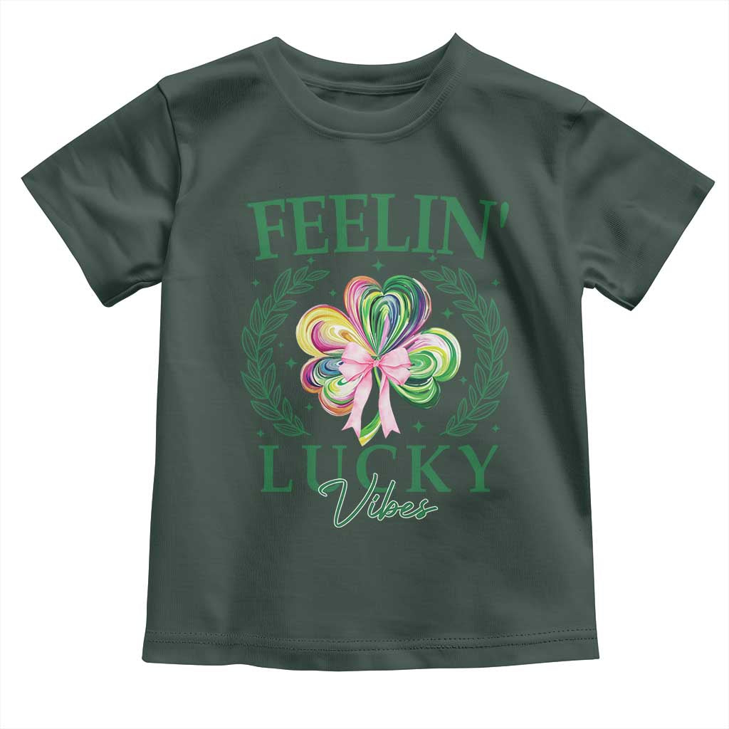 St. Patrick's Day Toddler T Shirt Feelin' Lucky Vibes Shamrock Coquette Bow