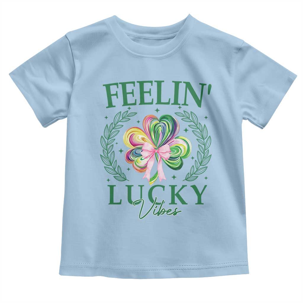 St. Patrick's Day Toddler T Shirt Feelin' Lucky Vibes Shamrock Coquette Bow