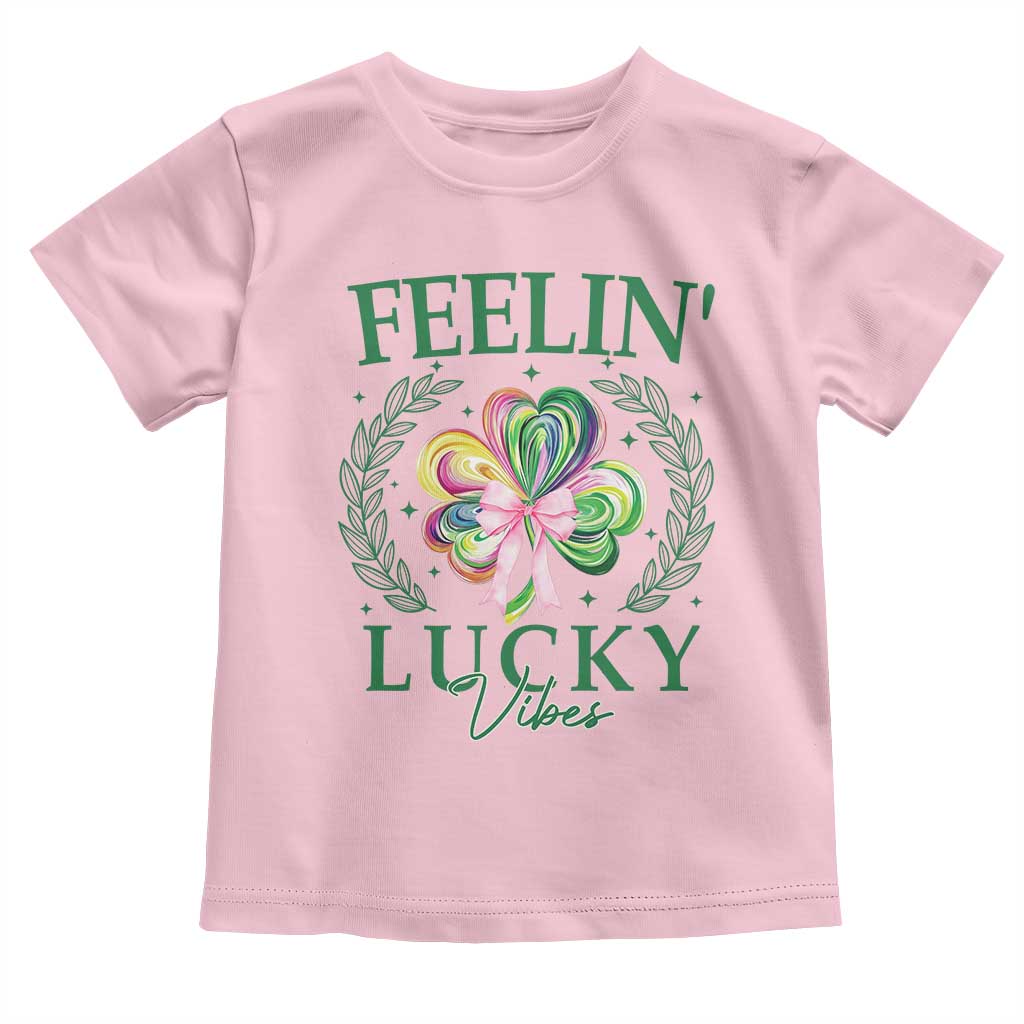 St. Patrick's Day Toddler T Shirt Feelin' Lucky Vibes Shamrock Coquette Bow