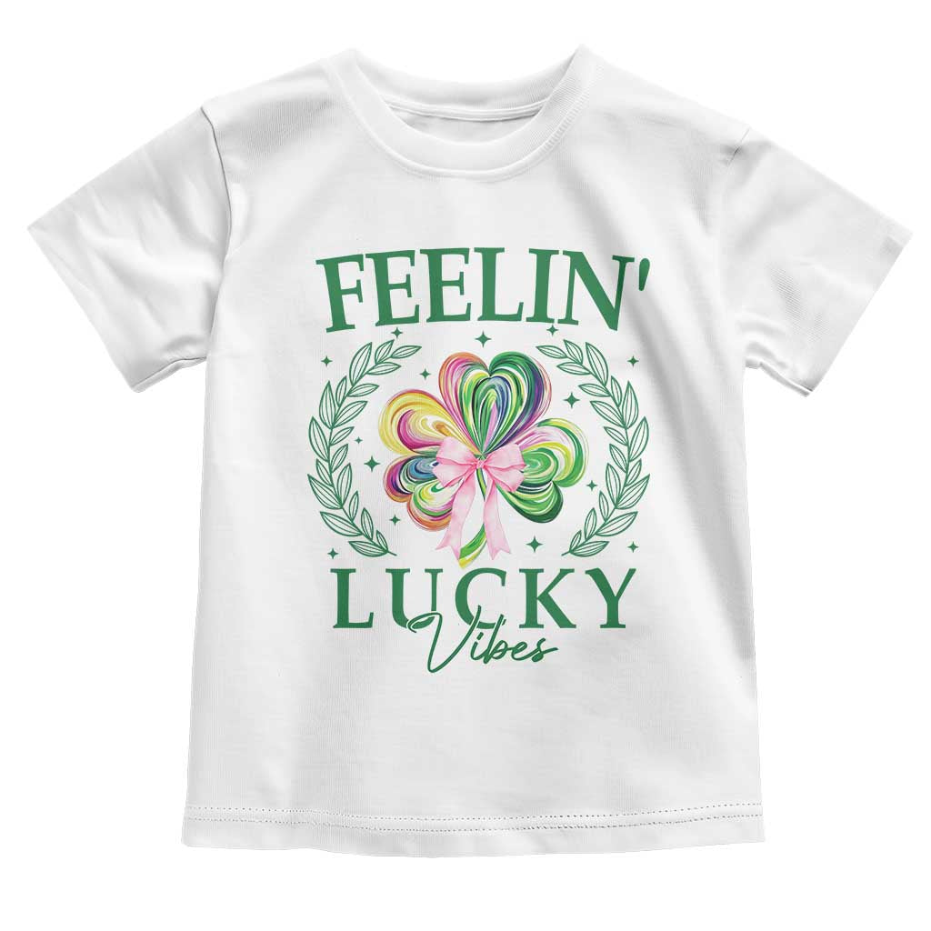 St. Patrick's Day Toddler T Shirt Feelin' Lucky Vibes Shamrock Coquette Bow