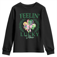 St. Patrick's Day Youth Sweatshirt Feelin' Lucky Vibes Shamrock Coquette Bow