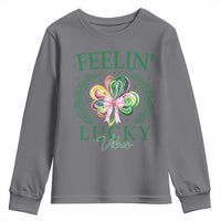 St. Patrick's Day Youth Sweatshirt Feelin' Lucky Vibes Shamrock Coquette Bow