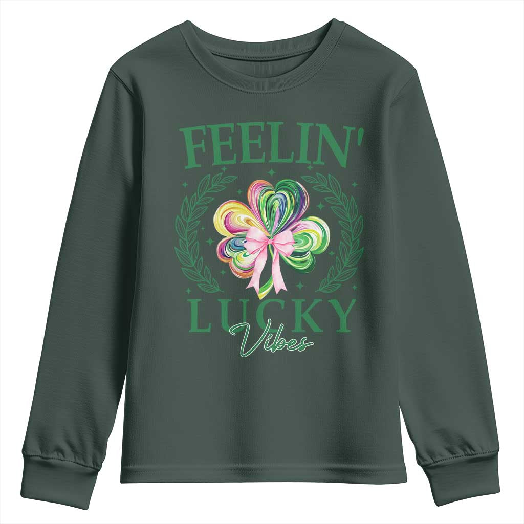 St. Patrick's Day Youth Sweatshirt Feelin' Lucky Vibes Shamrock Coquette Bow