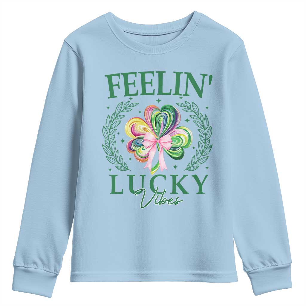St. Patrick's Day Youth Sweatshirt Feelin' Lucky Vibes Shamrock Coquette Bow