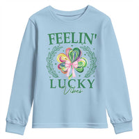 St. Patrick's Day Youth Sweatshirt Feelin' Lucky Vibes Shamrock Coquette Bow