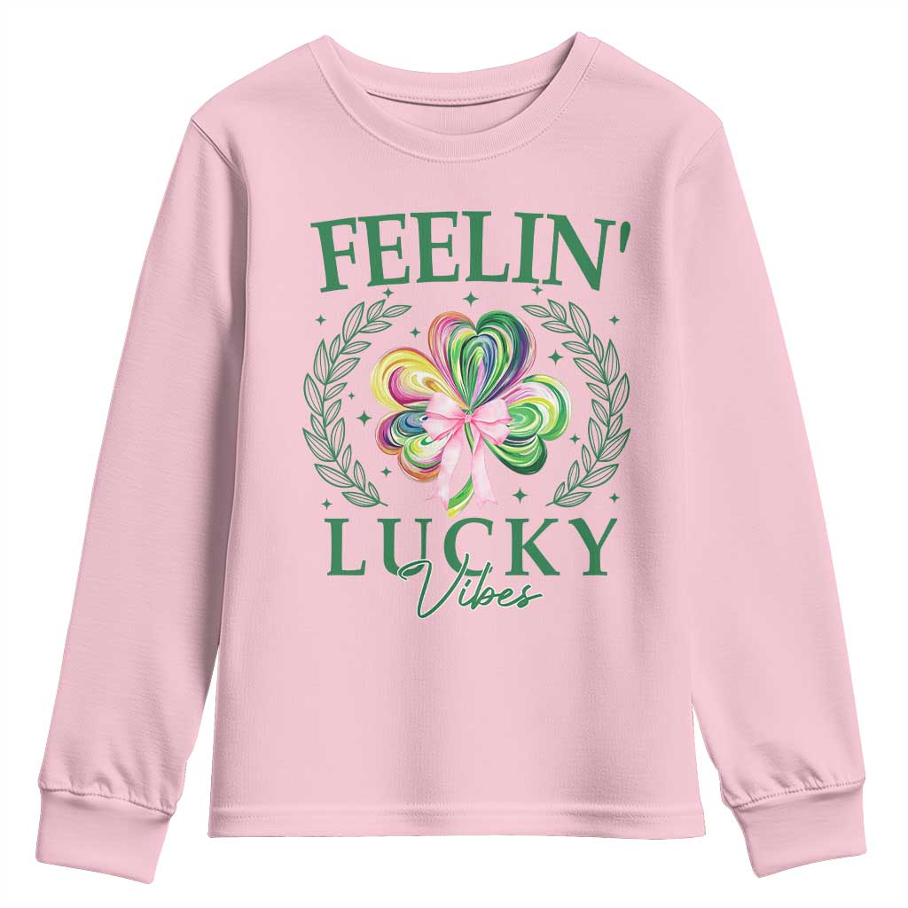 St. Patrick's Day Youth Sweatshirt Feelin' Lucky Vibes Shamrock Coquette Bow