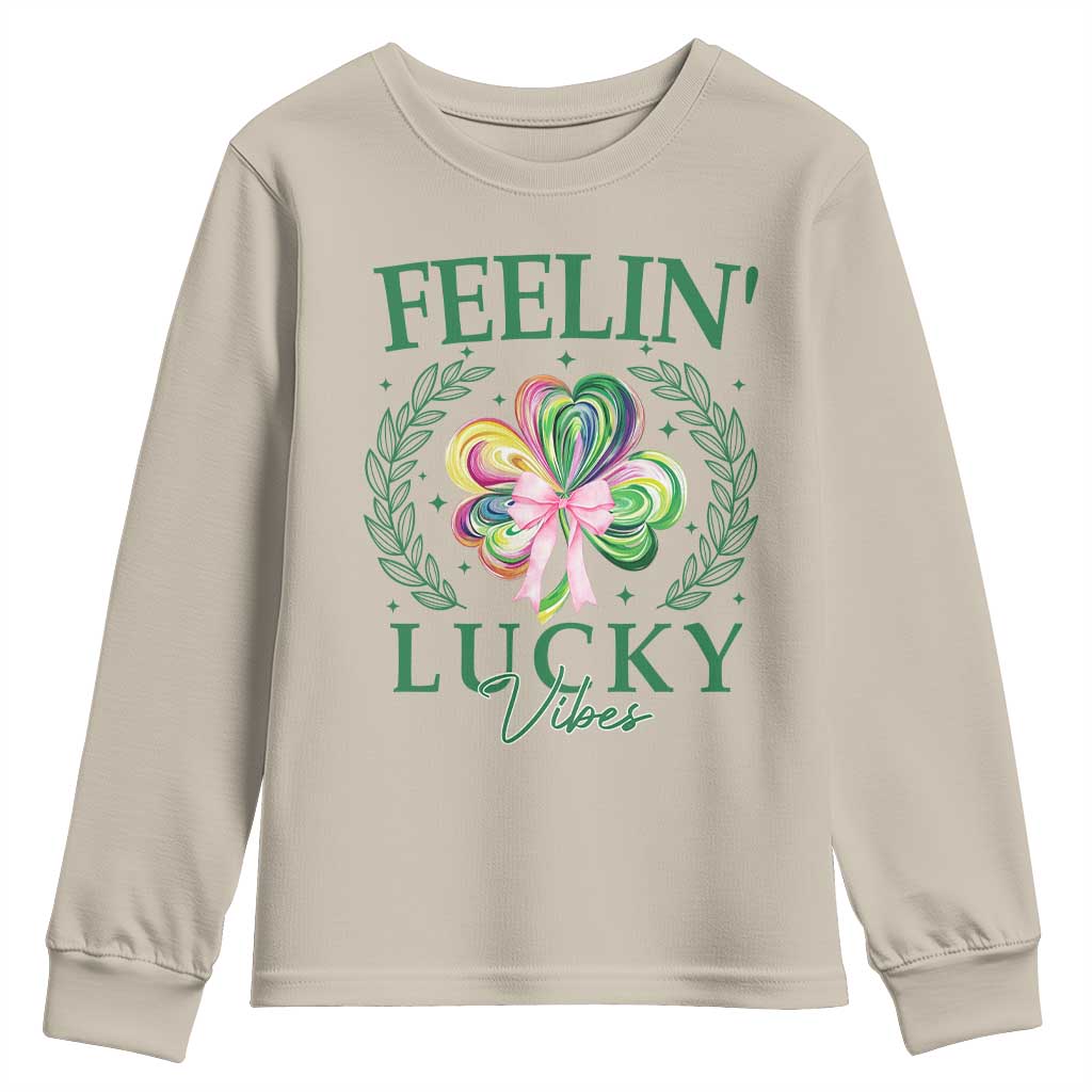 St. Patrick's Day Youth Sweatshirt Feelin' Lucky Vibes Shamrock Coquette Bow