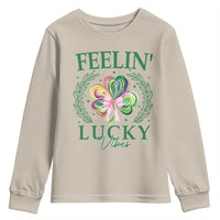 St. Patrick's Day Youth Sweatshirt Feelin' Lucky Vibes Shamrock Coquette Bow