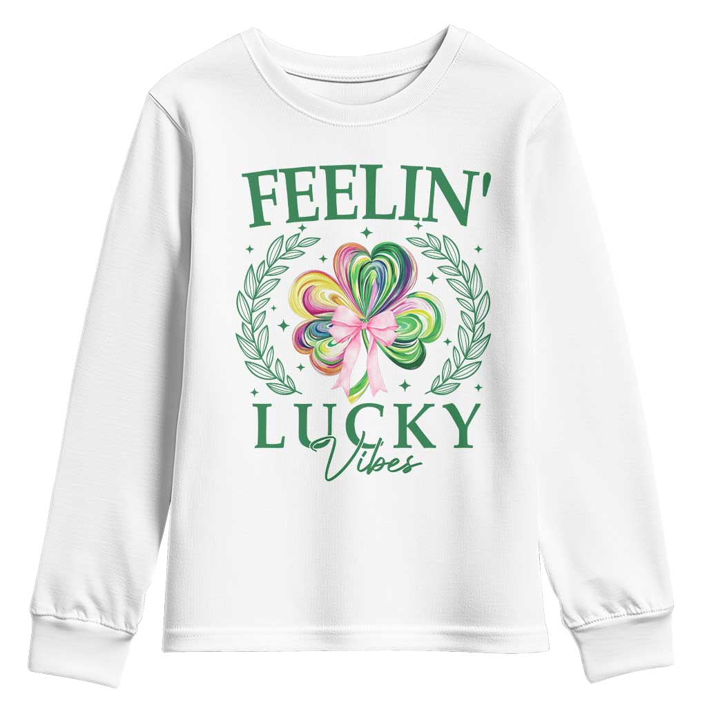 St. Patrick's Day Youth Sweatshirt Feelin' Lucky Vibes Shamrock Coquette Bow
