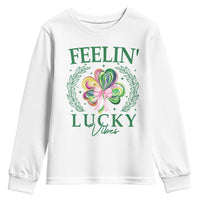 St. Patrick's Day Youth Sweatshirt Feelin' Lucky Vibes Shamrock Coquette Bow