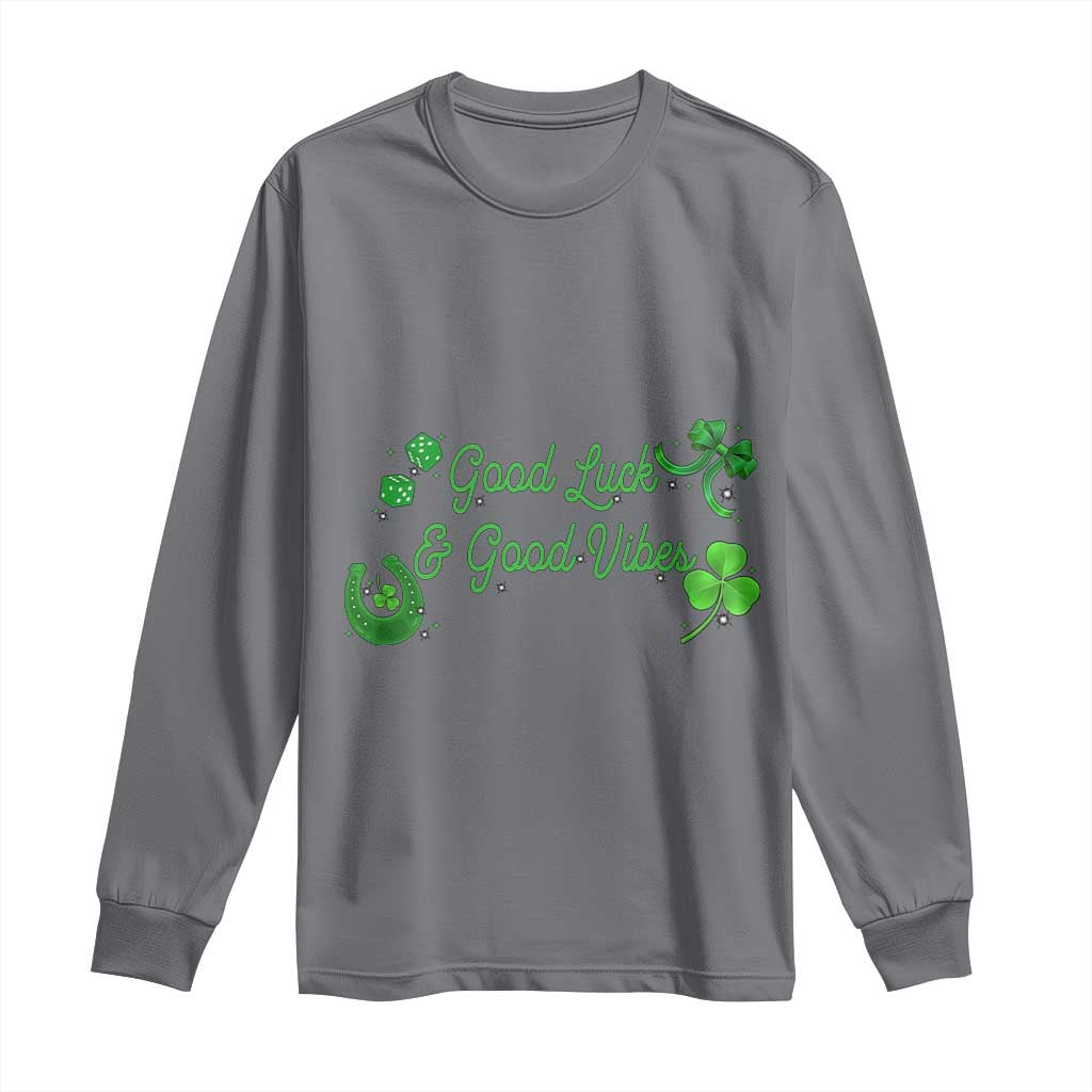 St. Patrick's Day Long Sleeve Shirt Good Luck And Good Vibes Shamrock Coquette Bow