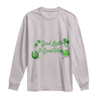 St. Patrick's Day Long Sleeve Shirt Good Luck And Good Vibes Shamrock Coquette Bow