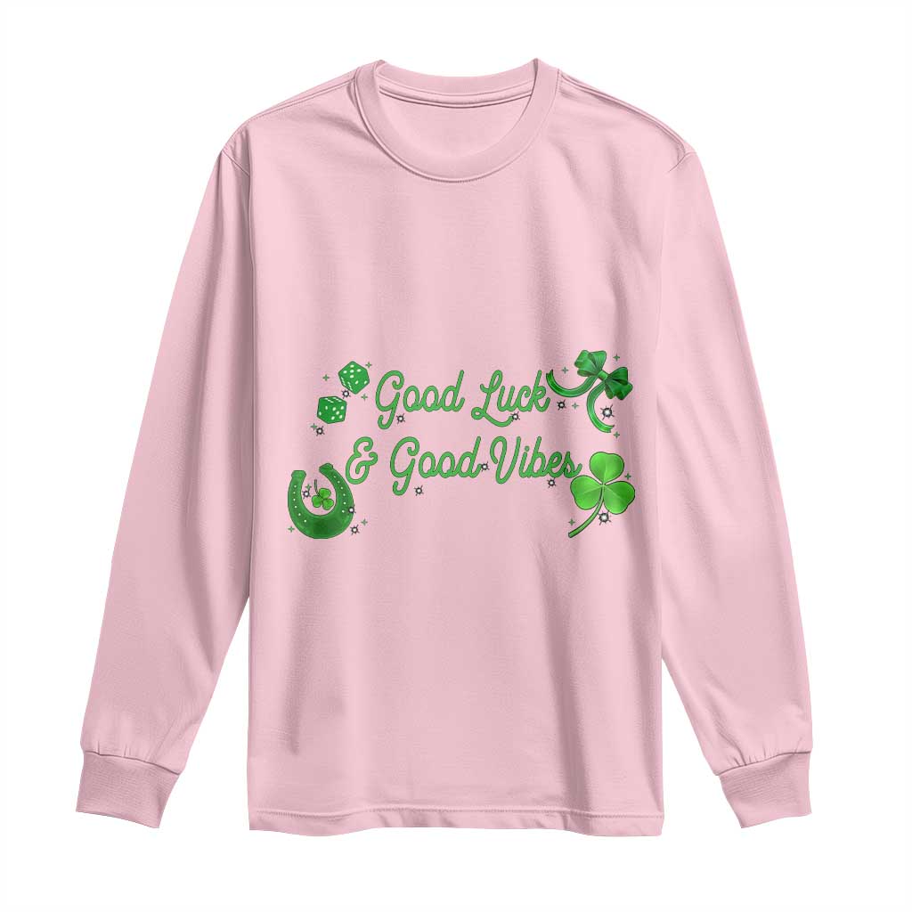 St. Patrick's Day Long Sleeve Shirt Good Luck And Good Vibes Shamrock Coquette Bow