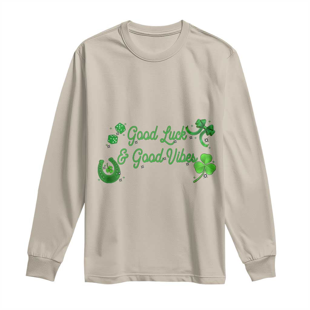 St. Patrick's Day Long Sleeve Shirt Good Luck And Good Vibes Shamrock Coquette Bow