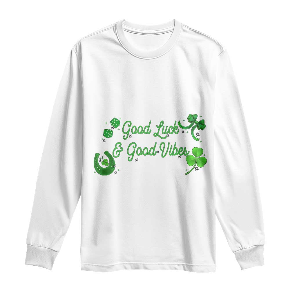 St. Patrick's Day Long Sleeve Shirt Good Luck And Good Vibes Shamrock Coquette Bow