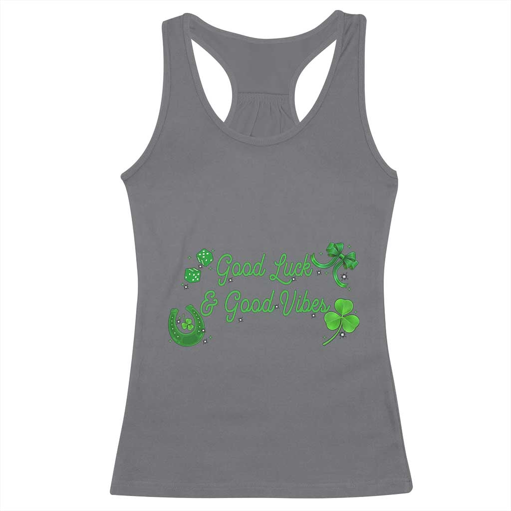 St. Patrick's Day Racerback Tank Top Good Luck And Good Vibes Shamrock Coquette Bow