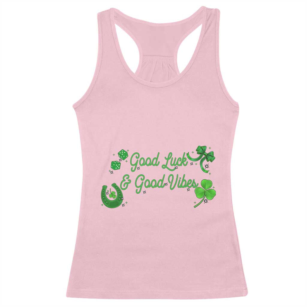 St. Patrick's Day Racerback Tank Top Good Luck And Good Vibes Shamrock Coquette Bow