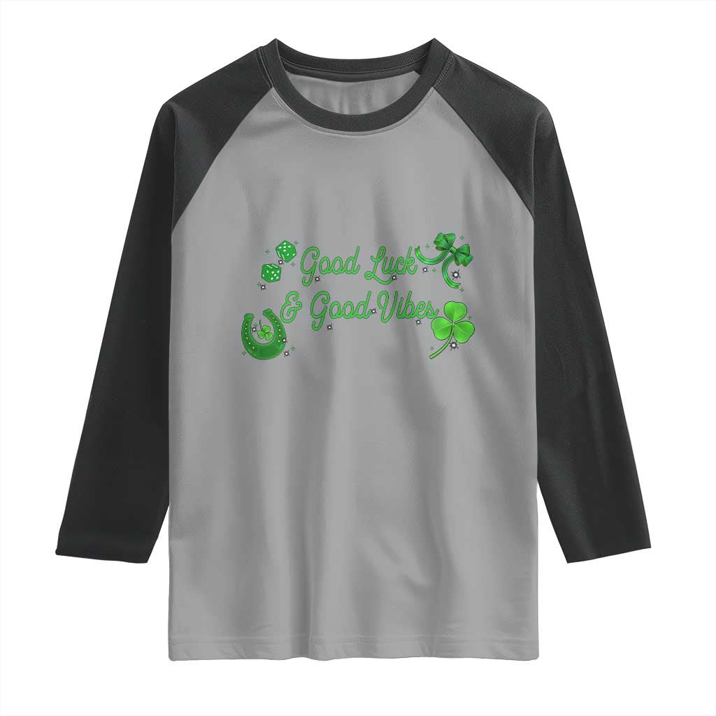 St. Patrick's Day Raglan Shirt Good Luck And Good Vibes Shamrock Coquette Bow
