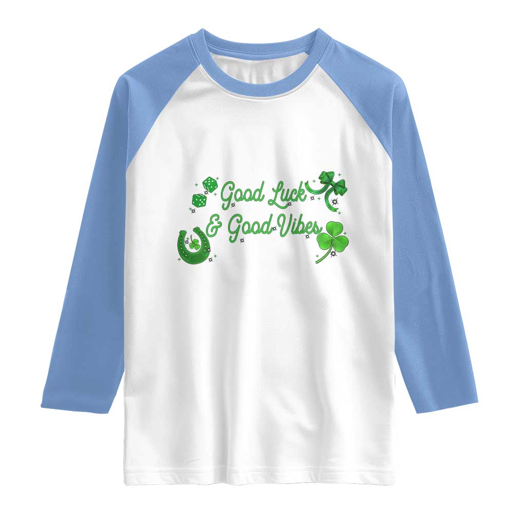 St. Patrick's Day Raglan Shirt Good Luck And Good Vibes Shamrock Coquette Bow