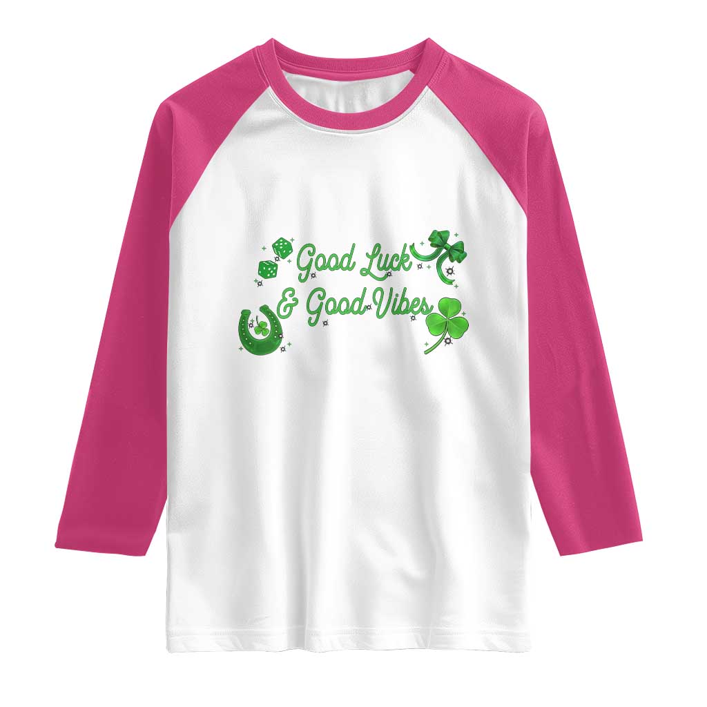 St. Patrick's Day Raglan Shirt Good Luck And Good Vibes Shamrock Coquette Bow
