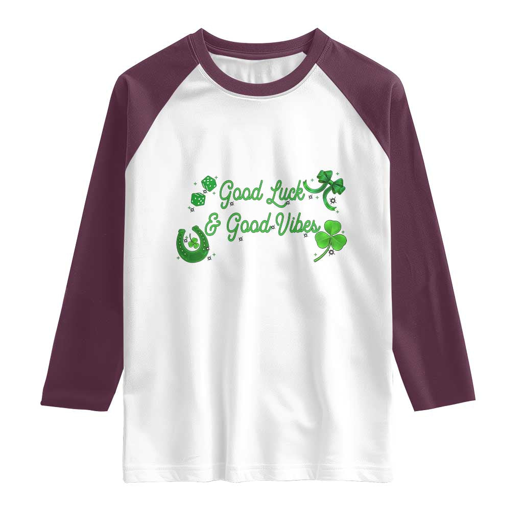 St. Patrick's Day Raglan Shirt Good Luck And Good Vibes Shamrock Coquette Bow