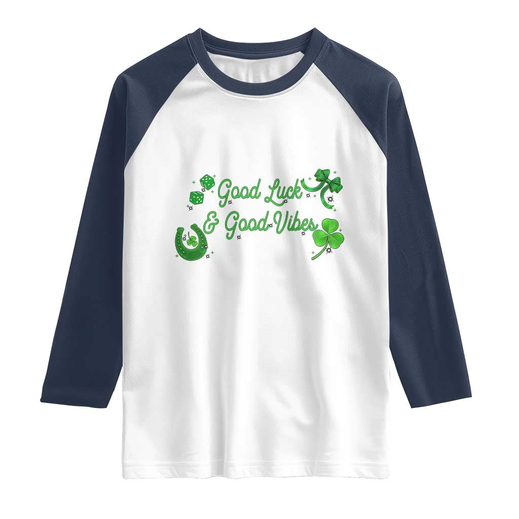 St. Patrick's Day Raglan Shirt Good Luck And Good Vibes Shamrock Coquette Bow