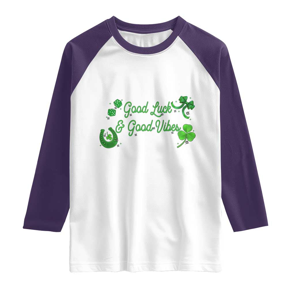 St. Patrick's Day Raglan Shirt Good Luck And Good Vibes Shamrock Coquette Bow