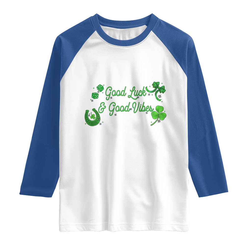 St. Patrick's Day Raglan Shirt Good Luck And Good Vibes Shamrock Coquette Bow