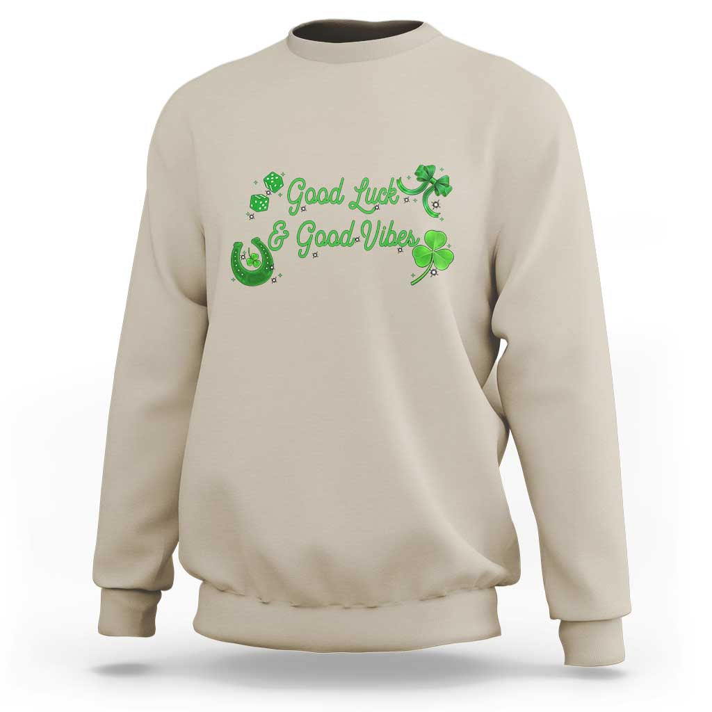 St. Patrick's Day Sweatshirt Good Luck And Good Vibes Shamrock Coquette Bow