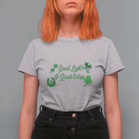 St. Patrick's Day T Shirt For Women Good Luck And Good Vibes Shamrock Coquette Bow