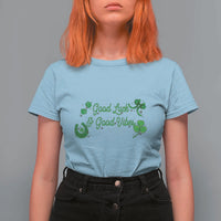 St. Patrick's Day T Shirt For Women Good Luck And Good Vibes Shamrock Coquette Bow