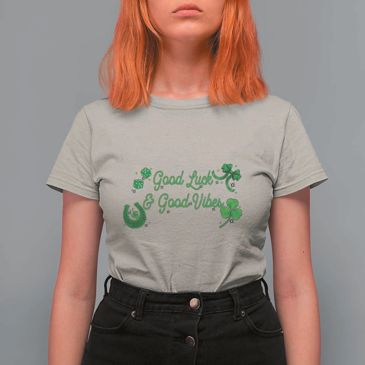 St. Patrick's Day T Shirt For Women Good Luck And Good Vibes Shamrock Coquette Bow