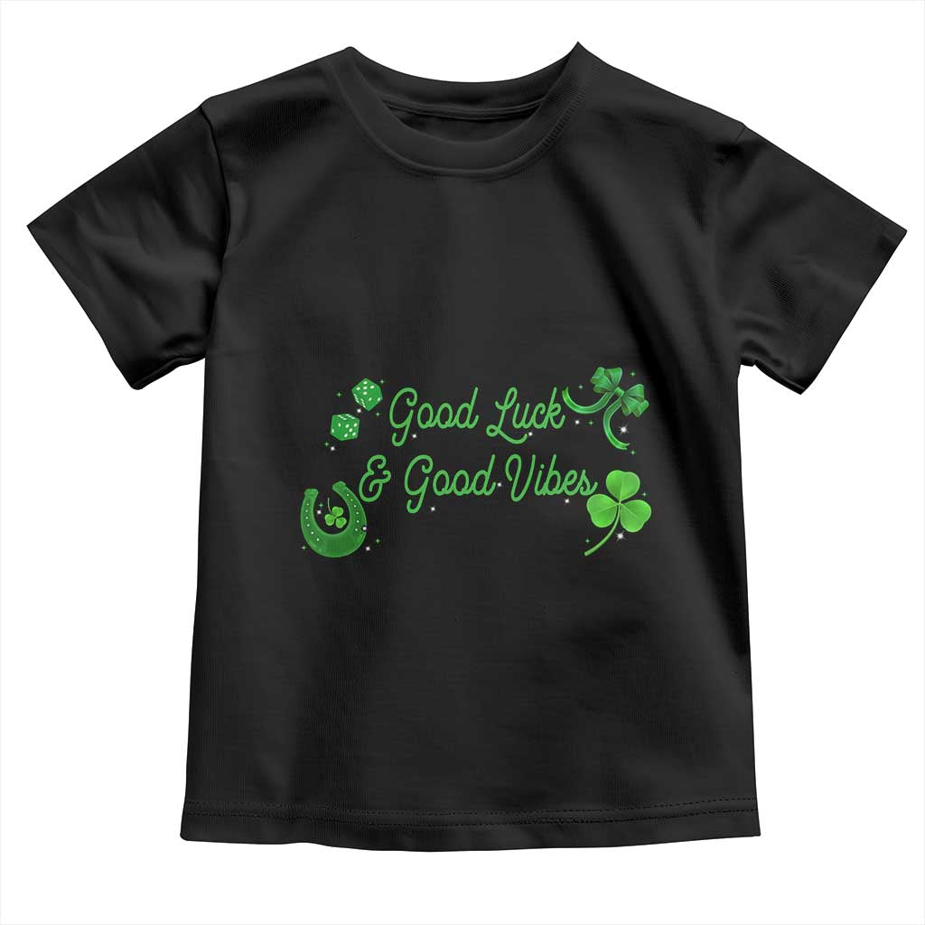 St. Patrick's Day Toddler T Shirt Good Luck And Good Vibes Shamrock Coquette Bow