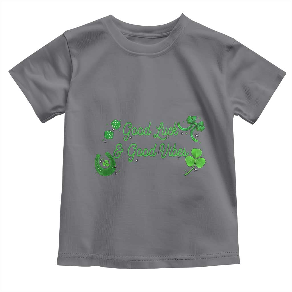 St. Patrick's Day Toddler T Shirt Good Luck And Good Vibes Shamrock Coquette Bow