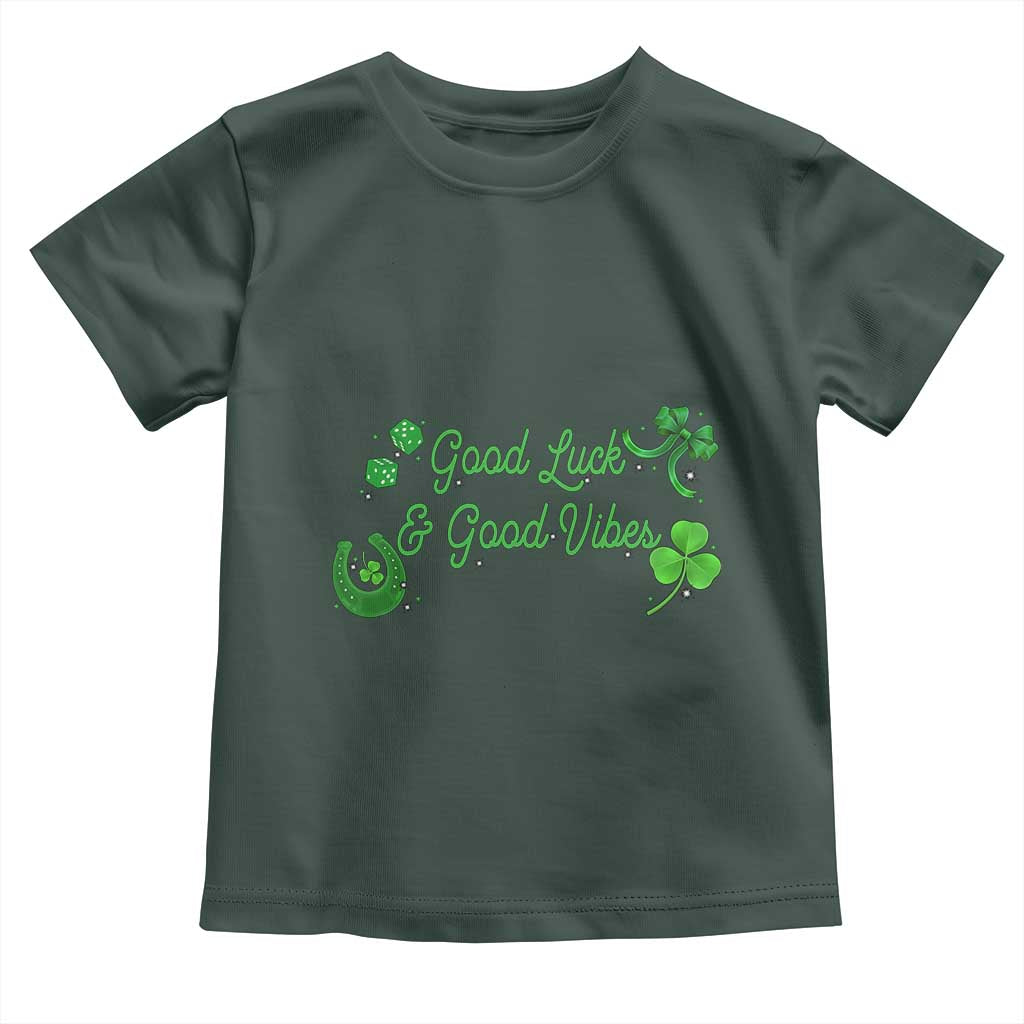 St. Patrick's Day Toddler T Shirt Good Luck And Good Vibes Shamrock Coquette Bow