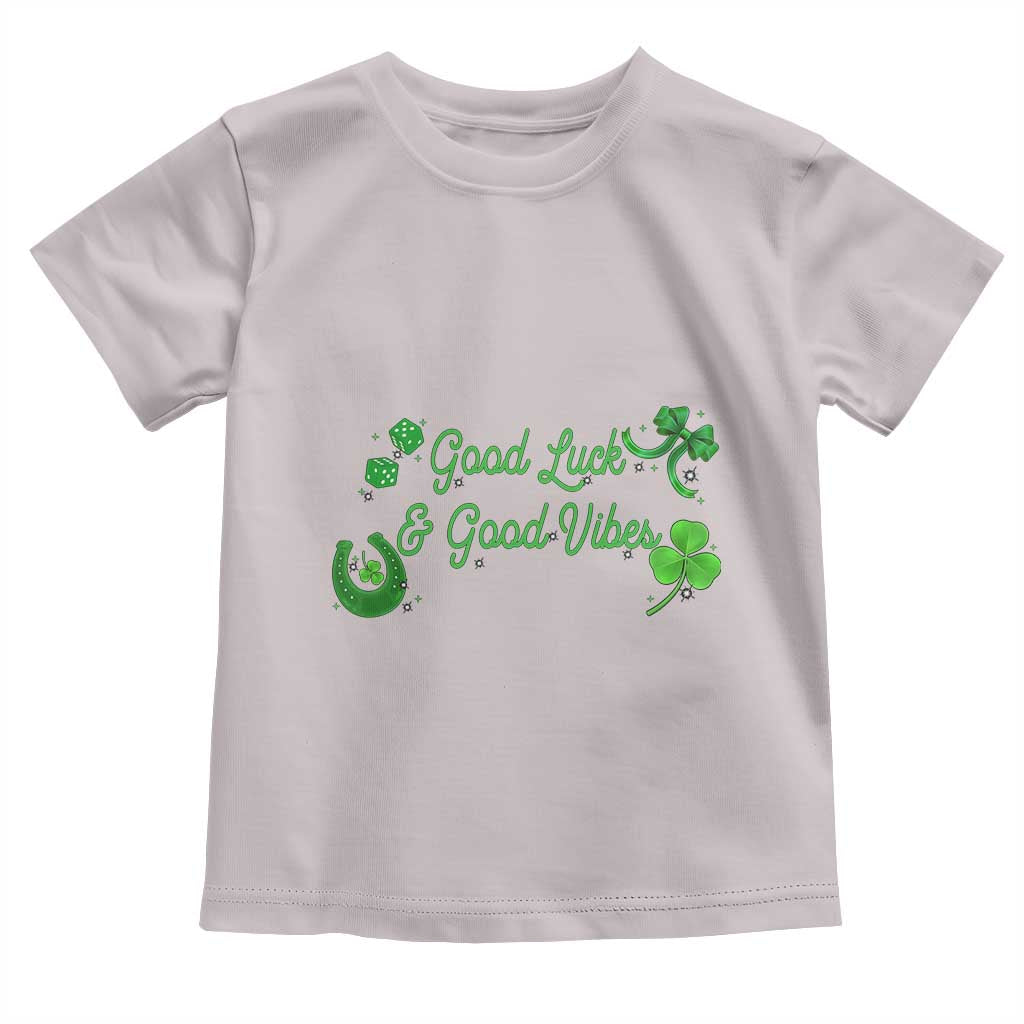 St. Patrick's Day Toddler T Shirt Good Luck And Good Vibes Shamrock Coquette Bow