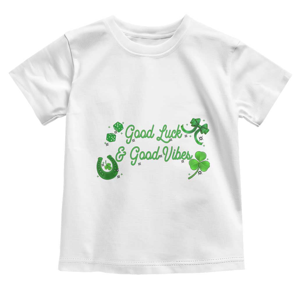 St. Patrick's Day Toddler T Shirt Good Luck And Good Vibes Shamrock Coquette Bow