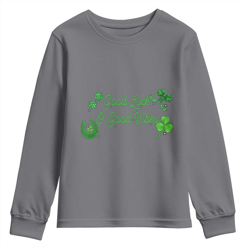 St. Patrick's Day Youth Sweatshirt Good Luck And Good Vibes Shamrock Coquette Bow