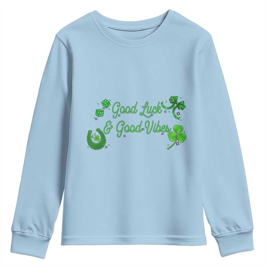 St. Patrick's Day Youth Sweatshirt Good Luck And Good Vibes Shamrock Coquette Bow