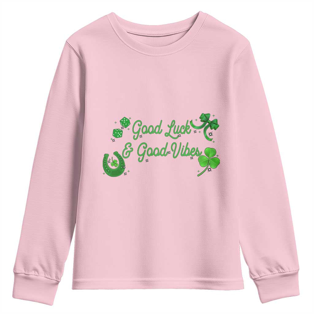 St. Patrick's Day Youth Sweatshirt Good Luck And Good Vibes Shamrock Coquette Bow