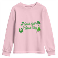 St. Patrick's Day Youth Sweatshirt Good Luck And Good Vibes Shamrock Coquette Bow