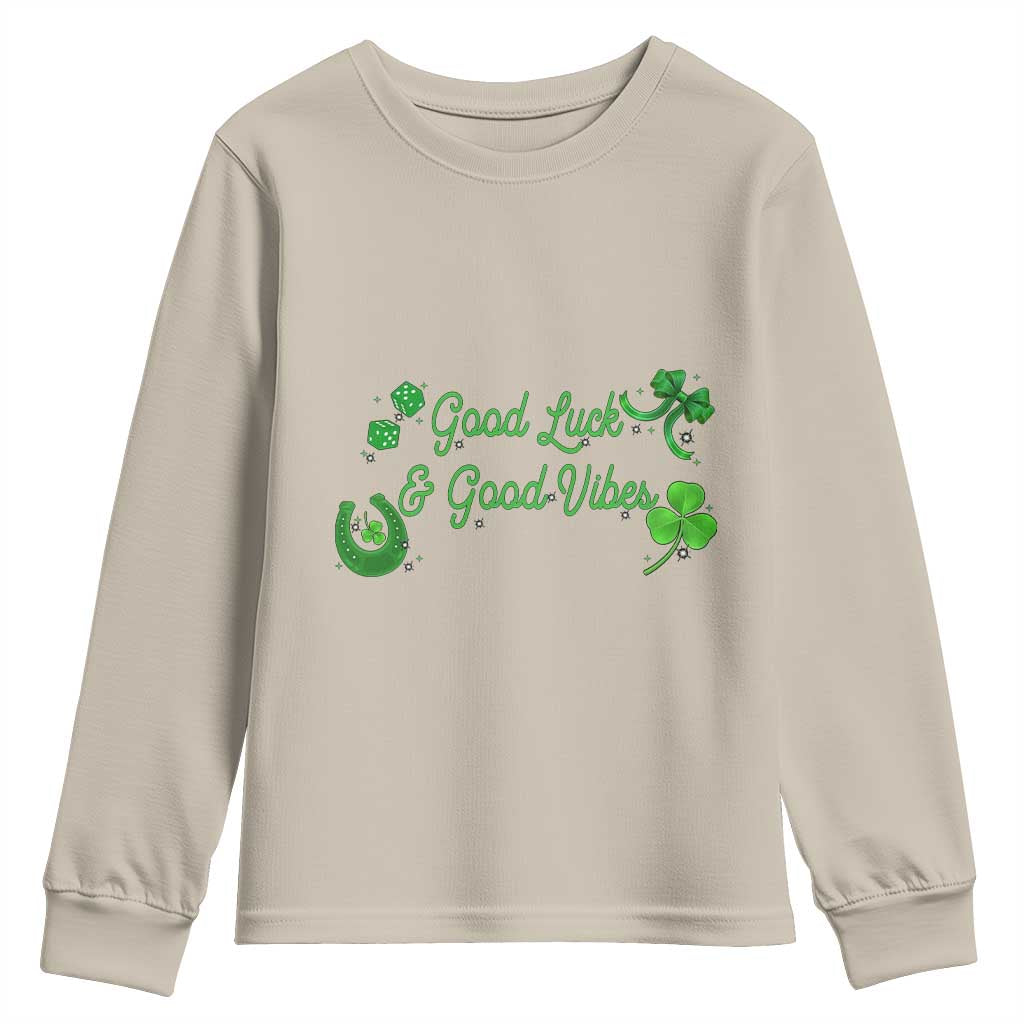 St. Patrick's Day Youth Sweatshirt Good Luck And Good Vibes Shamrock Coquette Bow