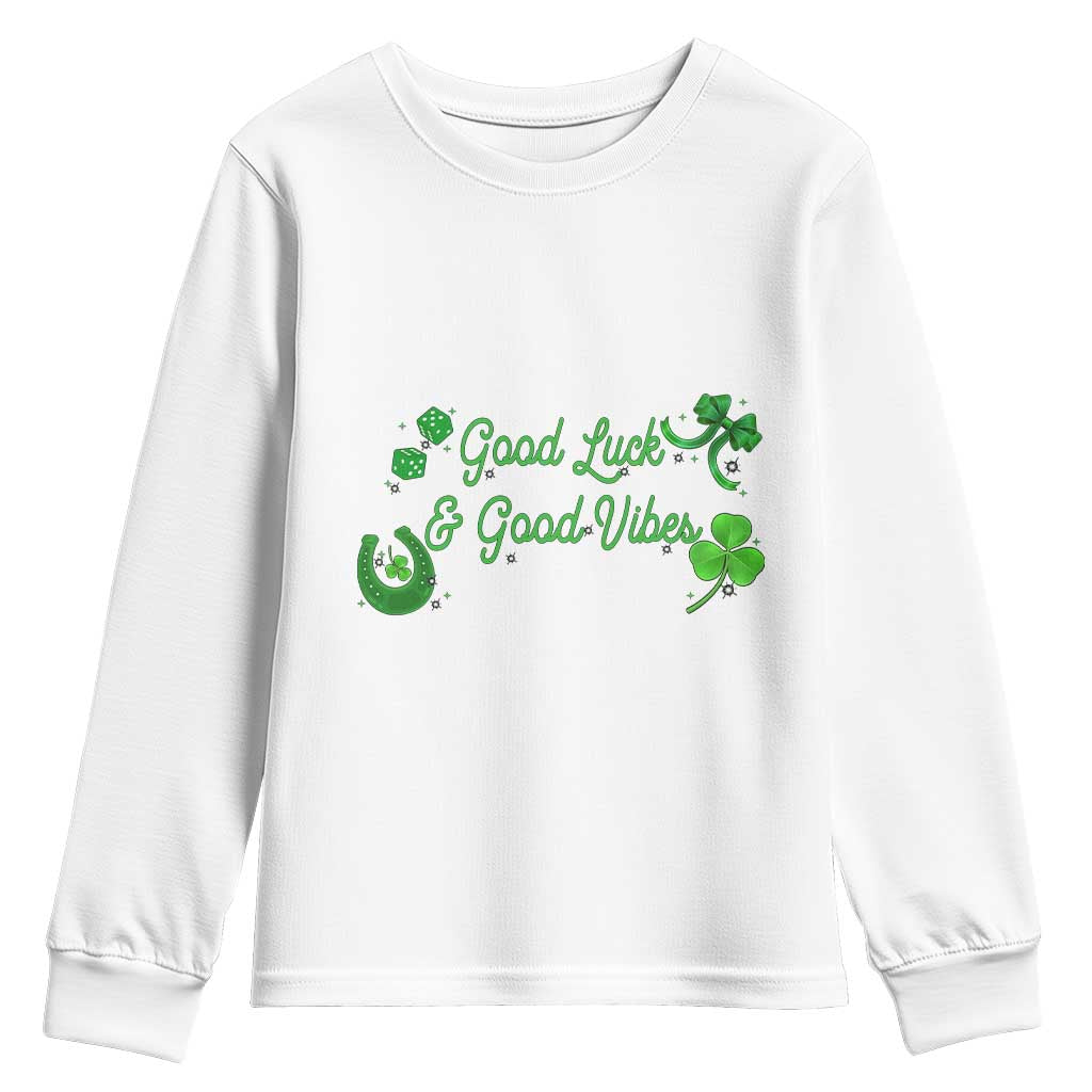 St. Patrick's Day Youth Sweatshirt Good Luck And Good Vibes Shamrock Coquette Bow