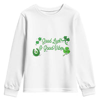 St. Patrick's Day Youth Sweatshirt Good Luck And Good Vibes Shamrock Coquette Bow