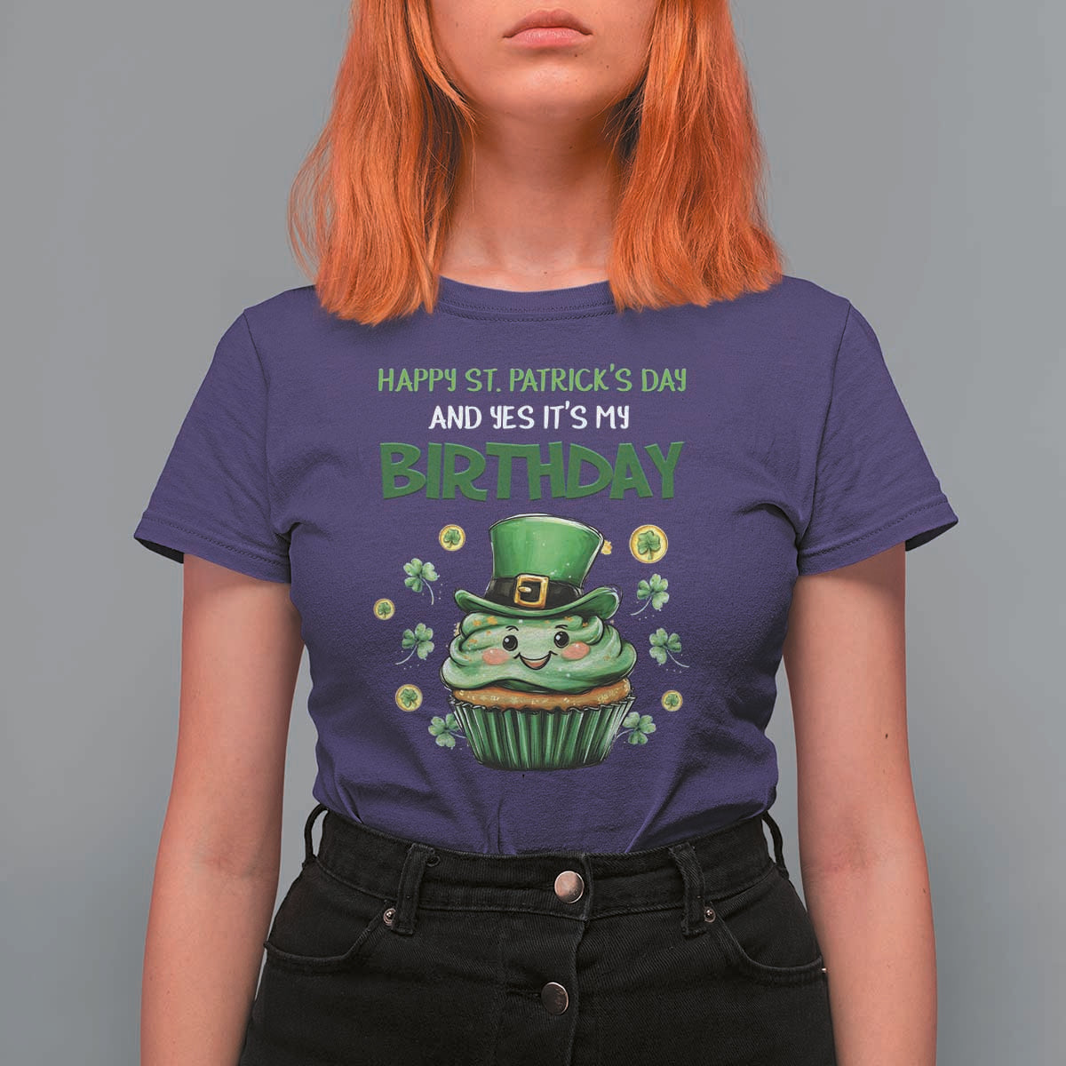 Funny St. Patrick's Day And Birthday T Shirt For Women Shamrock Cupcake Leprechaun