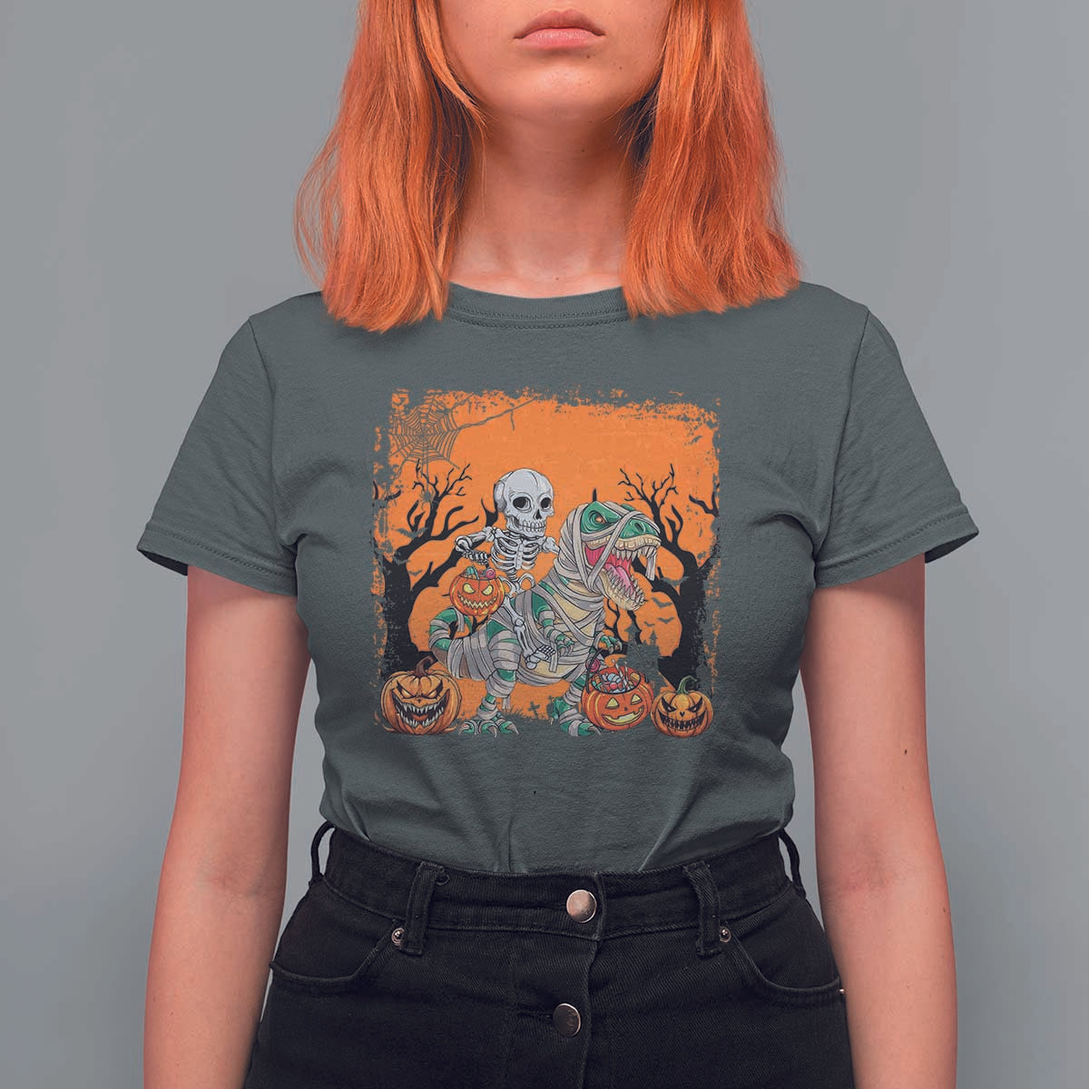 Funny Halloween Skeleton Riding Dinosaur T Shirt For Women - Wonder Print Shop