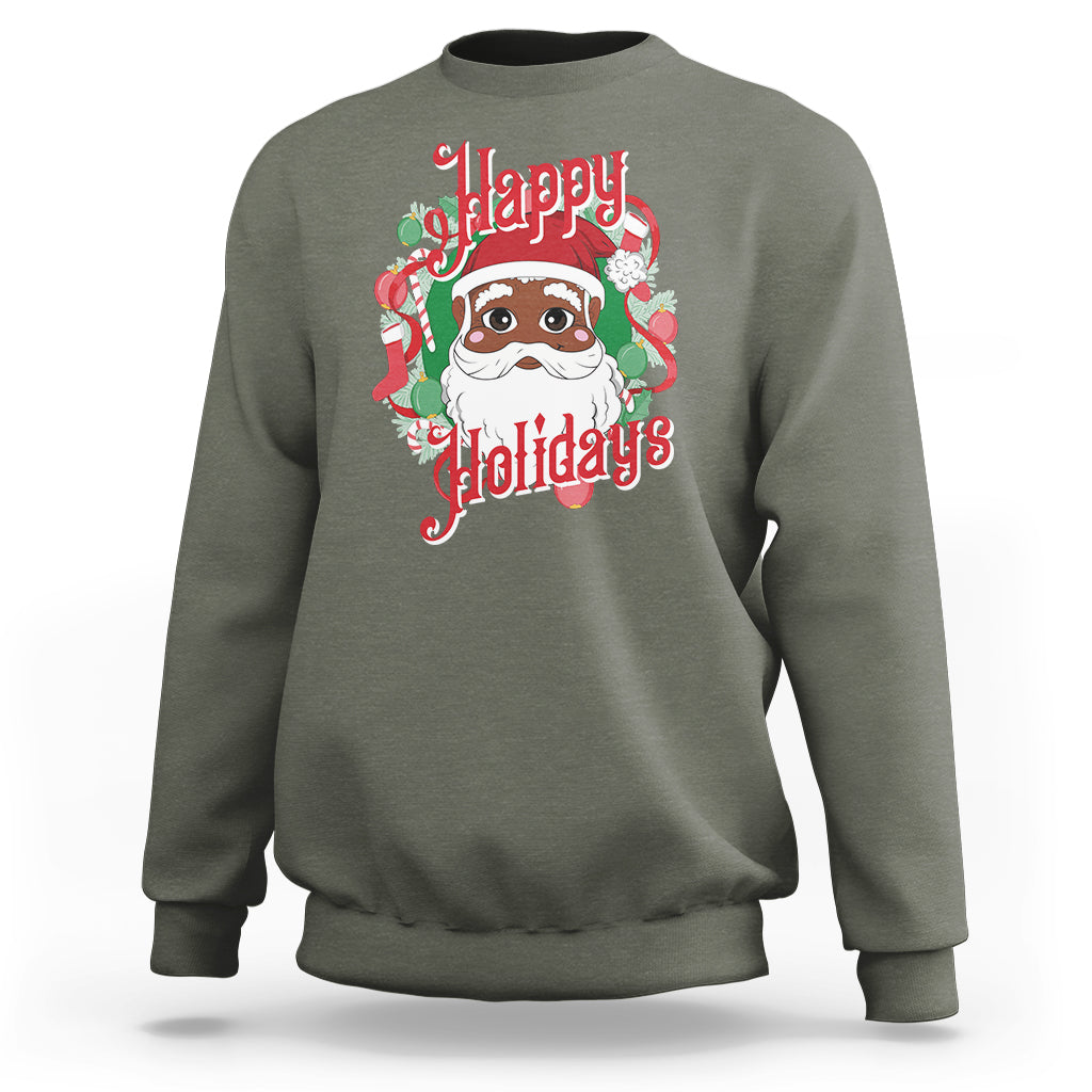 Christmas Sweatshirt Black Happy Holidays African American Santa - Wonder Print Shop