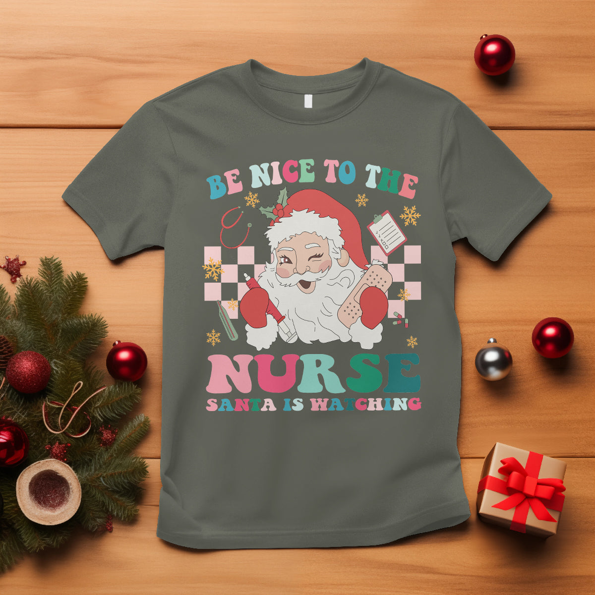 Be Nice To The Nurse Santa is Watching Christmas T Shirt - Wonder Print Shop