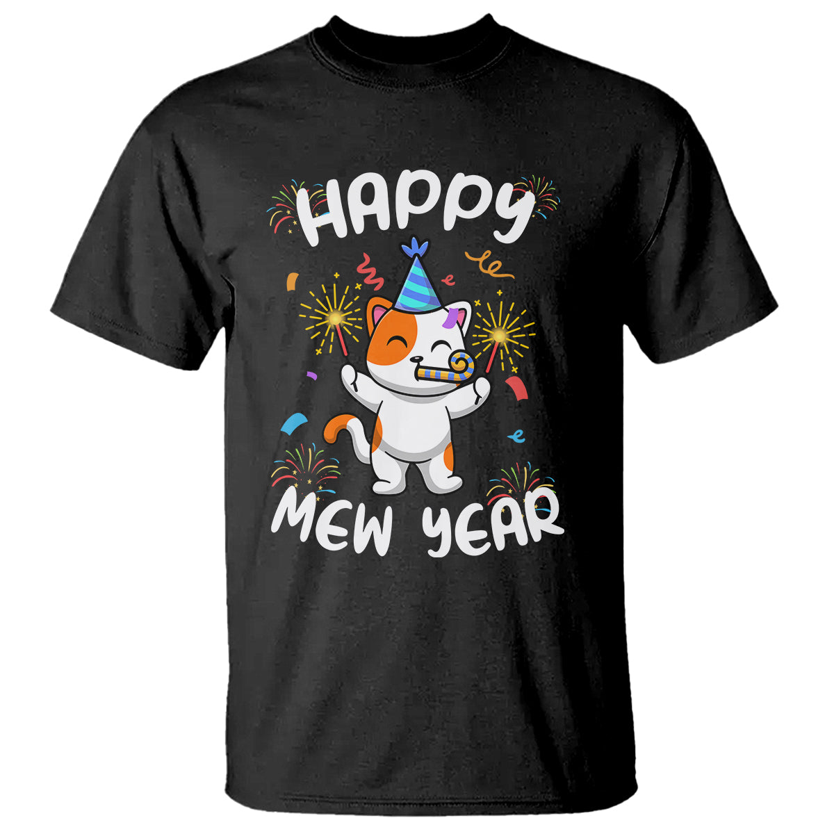Happy Mew Year Funny Cat New Years Eve Party Firework T Shirt - Wonder Print Shop